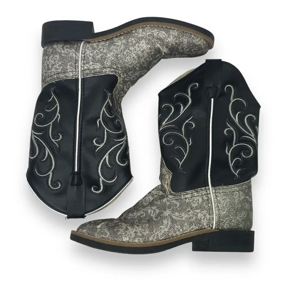 Old West Cowgirl Boots Silver Glitter Size 3 D